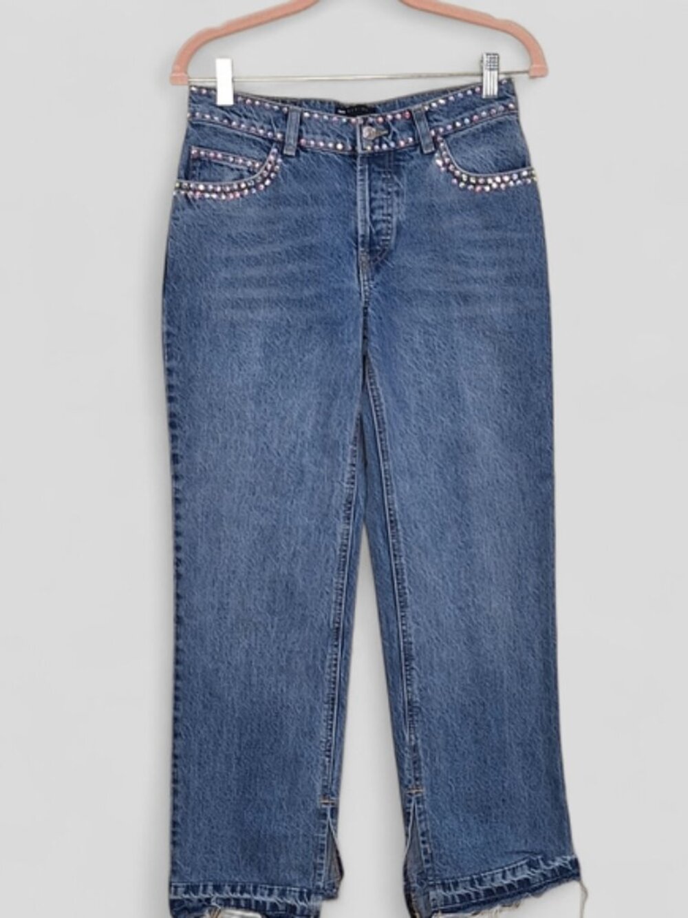 ASOS Design Studded Rhinestone Straight Leg Jeans Sz 25 Frayed hem